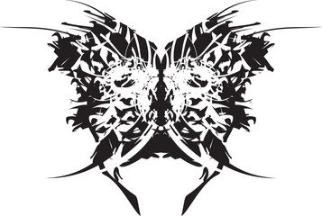 Scary tribal butterfly wings in black-white tonality for shield emblems or tattoos. Gothic ornamental butterfly for fabric products, web icons, textiles, labels, interior, fashion trends, cards, etc.