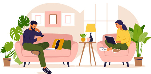 Women and man sitting in a sofa and working online at home. Freelance, online education or social media concept.