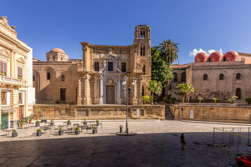 Palermo, Italy - July 7, 2020: View from Bellini Square, the Church of Santa Maria dell'Ammiraglio known as the Martorana Church, the Church of San Cataldo in the center of Palermo, Sicily