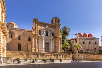 Poster Palermo, Italy - July 7, 2020: View from Bellini Square, the Church of Santa Maria dell'Ammiraglio known as the Martorana Church, the Church of San Cataldo in the center of Palermo, Sicily © JEROME LABOUYRIE