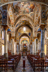 Fototapeta na wymiar Palermo, Italy - July 7, 2020: Famous Martorana cathedral with beautiful mosaics on 12th century walls. Palermo is an UNESCO World Heritage Site with Arab-Norman churches in Sicily, Italy