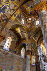 Palermo, Italy - July 7, 2020: Famous Martorana cathedral with beautiful mosaics on 12th century walls. Palermo is an UNESCO World Heritage Site with Arab-Norman churches in Sicily, Italy