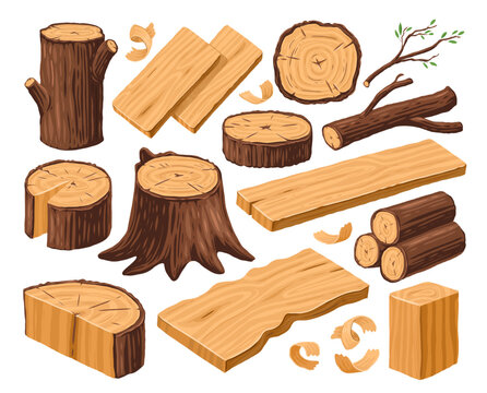 Set of wood logs for lumber industry. Woodworking concept. Tree trunk, stump and planks. Woodwork vector illustration