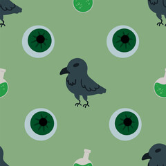 Halloween pattern concept. Repeating crows eyes and potion bottles. Colored background. Vector illustration for design of thematic sites poster brochures