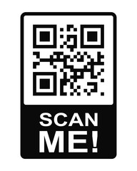 Scan me concept. QR code icon in frame. Template of quick responce matrix barcode in square grid. Mobile phone camera readable digital label. Vector graphic illustration isolated on white background.