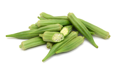 Fresh raw okra isolated on white background, horizontal with copy space