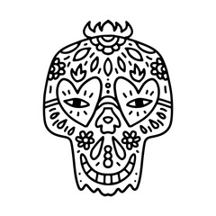 Smiling Sugar Skull mandala, Day of the Dead illustration. Vector Spiritual skull decorated with flowers, fire, hearts.