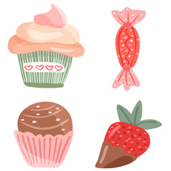 Cupcake, candy, chocolate and strawberry clip arts for holiday card design. Delicious sweets set in warm girly style.