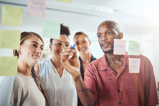 Business People Planning, Writing On Glass Board And Brainstorming Together For Creative Marketing Idea, Strategy Or Project. Teamwork, Collaboration And Manager In Job Management Or Work Development