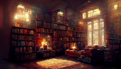 Fantasy library with hundreds of books in victorian mansion - obrazy, fototapety, plakaty