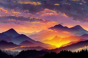 A romantic sunset over the mountains, the Polish Bieszczady Mountains, the Carpathians, the sun's rays hide behind the mountains, a beautiful sunset in the mountains
