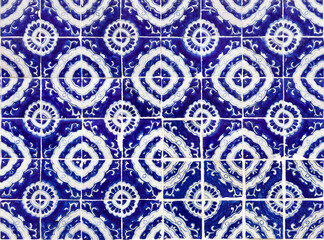 traditional mexican blue wall adornments of handmade hand painted talavera poblana tiles in Atlixco, Puebla city, Mexico