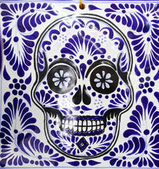 mexican day of the dead skull traditional colorful talavera ceramic wall tile