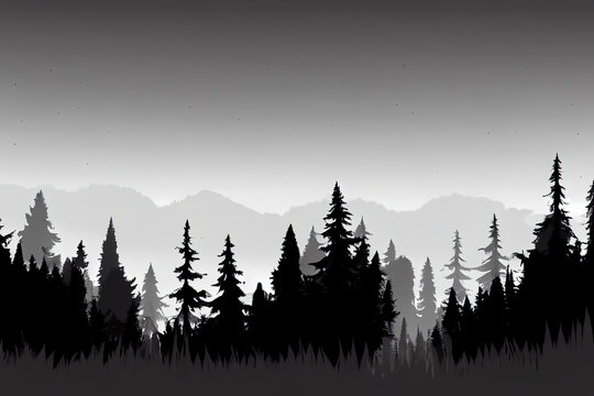 forest silhouette background.View to realistic coniferous trees. monochrome version, anime style, style, toon, © 2rogan
