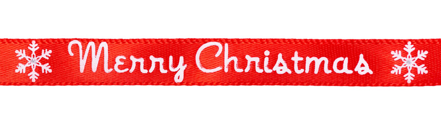 Isolated Merry Christmas printed red satin ribbon piece