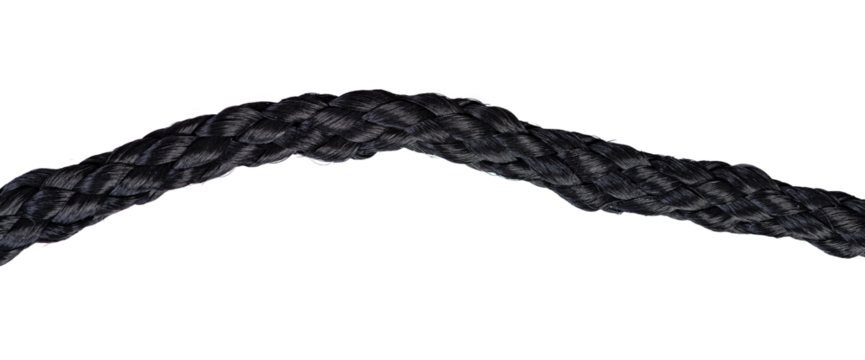 Isolated piece of black nylon twisted rope