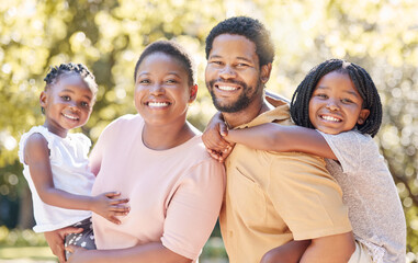 Children, family and love with a black man, woman and their kids outdoor in the park during summer. Happy, smile and parents with a mother, father and daughters as sister siblings outside together