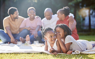 Secret, sister and children with a girl whispering to her sibling and a black family in the background. Kids, mystery and gossip with a female child being secretive on a picnic in the park in summer - obrazy, fototapety, plakaty
