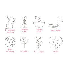 Vector set of design elements, logo design template, icons and badges for natural and organic cosmetics and food in a fashionable linear style
