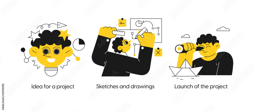 Poster startup and building new business - set of business concept illustrations. idea for a project, sketc