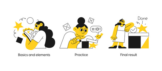 Fototapeta premium Startup and building new business - set of business concept illustrations. Basics and elements, Practice, Final result. Visual stories collection