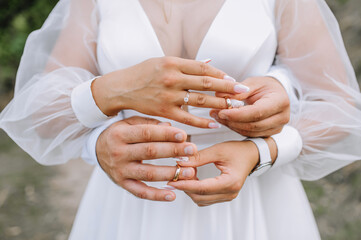 The bride and groom put golden rings on their fingers at the ceremony close-up. Wedding...