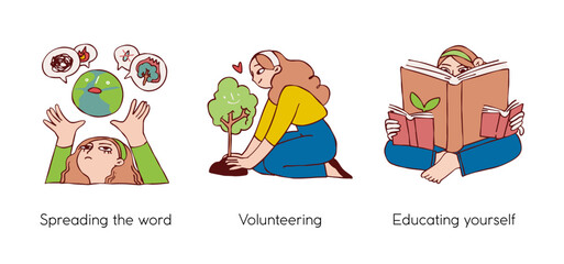 Fototapeta premium Eco friendly lifestyle and protecting the environment - set of business concept illustrations. Spreading the word, Volunteering, Educating yourself. Visual stories collection