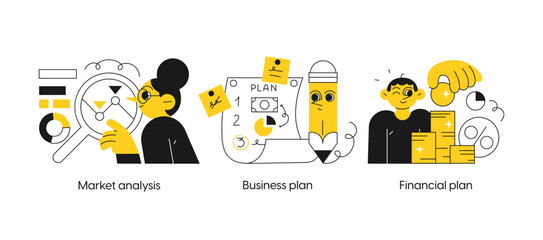 Fototapeta premium Startup and building new business - set of business concept illustrations. Market analysis, Business plan, Financial plan. Visual stories collection