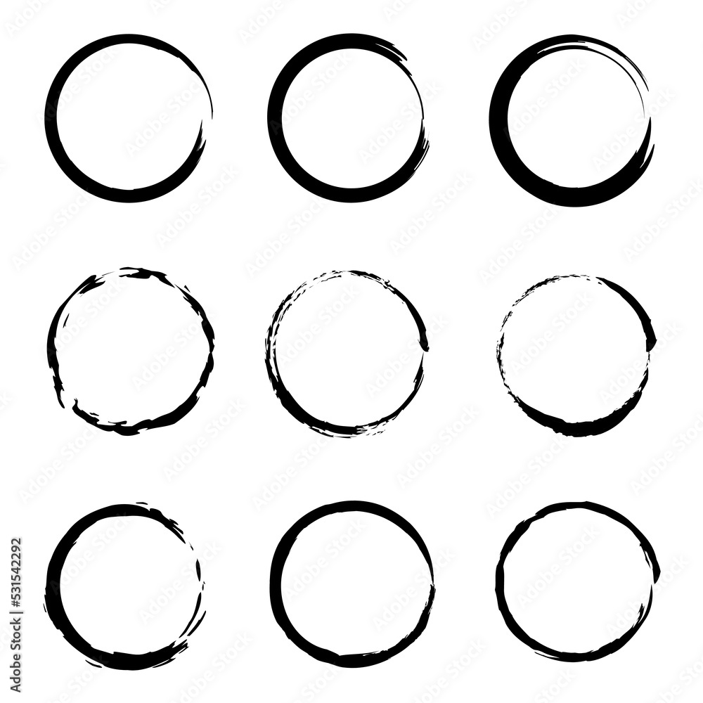 Poster Line art brush circles. Coffee pattern. Round frame set. Round shape. Stains from a cup of coffee. Vector illustration. Stock image.