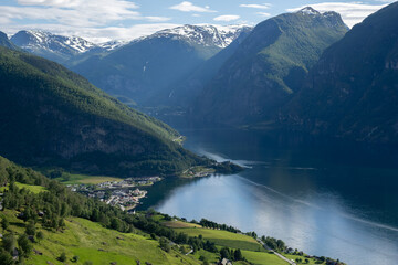 Wonderful landscapes in Norway. Vestland. Beautiful scenery of Aurland fjord from the Aurlandsvangen view point facing to the village of Aurland and Flam. Sunny day. Selective focus