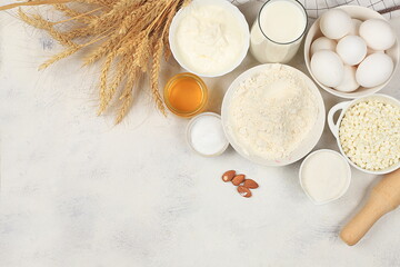 Kitchen background for baking and cooking cake, bread, confectionery and ingredients for cooking,...