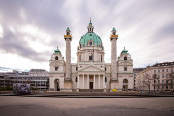 Front view of St. Charles Church (Karlskirche) in Vienna, Austria.