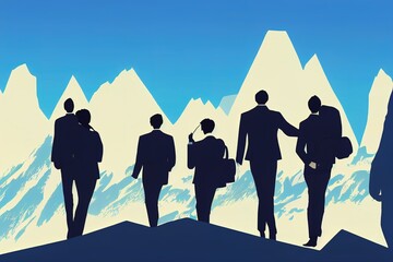 Silhouette group of businesspeople helping each other hike up a mountain on white background, Business, success, leadership, achievement - obrazy, fototapety, plakaty