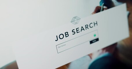Laptop or computer screen career search on job website online or contact us for unemployed job seeker searching for vacancy. Internet employment or search engine on the web with tech on desktop pc
