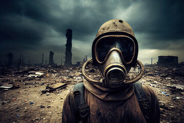 A stalker survivor in protective clothing and an old gas mask against the apocalyptic backdrop of a destroyed city. Survivor of nuclear war. 3d rendering
