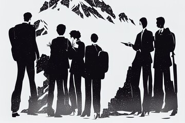 Silhouette group of businesspeople helping each other hike up a mountain on white background, Business, success, leadership - obrazy, fototapety, plakaty