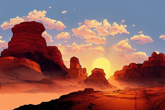 Red rocks at sunset in the canyon, Mountain rocks in canyon desert, Mountain rocks in sunlight, Mountain rocks panorama anime style, cartoon style toon style © 2ragon