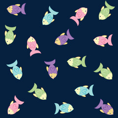 Pattern fabric cute fish with colors, and navy background, kids and babies design.