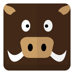 Wild boar face cute animal sticker in flat icon design