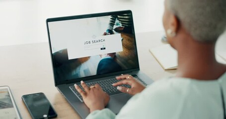 Change, career and job search on laptop by corporate employee working in office, looking for a new job. HR, recruitment and online portal with black female planning on success and dream job
