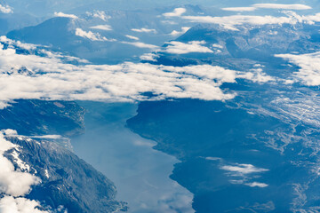 View from airplane to fjords in Norway