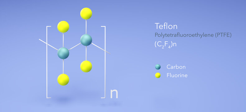 teflon, molecular structures, polytetrafluoroethylene, ball and stick model 3d, Structural Chemical Formula and Atoms with Color Coding