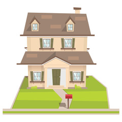 Cartoon style house, vector  illustration, red mailbox, front yard, residential.