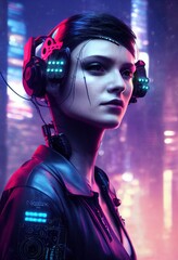 Realistic portrait of a fictional girl with headphones against a background of neon light. A modern girl with a cyber headset. 3D rendering