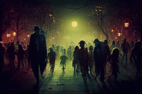 halloween concept of zombie crowd walking at night, digital art style, illustration painting