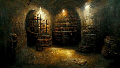 Medieval dungeon and torture chamber with torches and barrels - obrazy, fototapety, plakaty