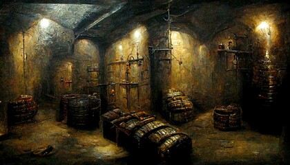 Medieval dungeon with rotten walls, torches and barrels - obrazy, fototapety, plakaty