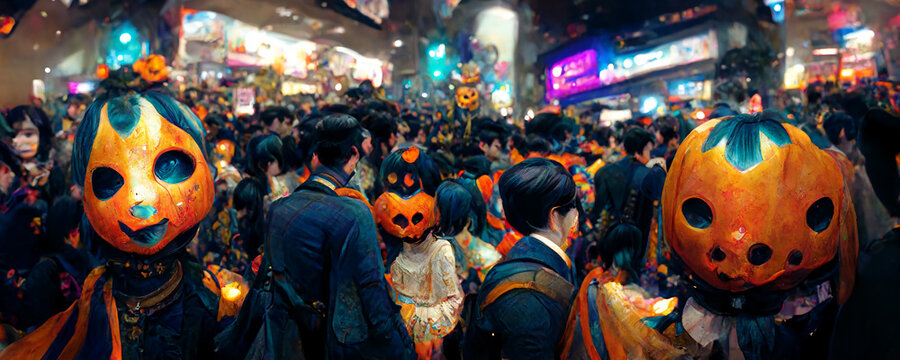 Crowded people in halloween festival masked in ack-o-lantern pumpkin in Tokyo, Japan