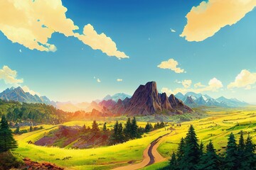 Scenic view from sunlit grassy hill with dirt road to high mountain range, Beautiful sunny mountain landscape with large mountains, Colorful scenery with hill in sunlight against awesome mountains, an