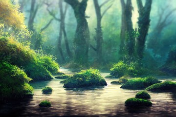 Obraz premium A silent forest on the bank of a river with transparent water. Selective focus. High quality photo, anime style, style, toon,